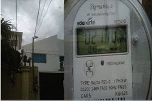 Casa de El Torito. Foto del día de ayer de los alambres que llevan desde nuestros cables el suministro al medidor del Sr. Acosta  y el medidor debidamente marcando el consumo.(EDENORTE)