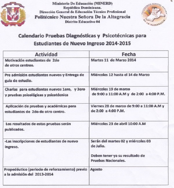 VILLA ALTAGRACIA, CALENDARIO